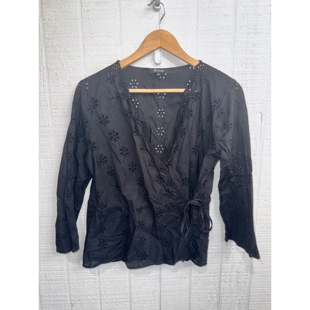 Madewell Wrap Top Women Black Eyelet Embroidered V-Neck Long Sleeve Medium